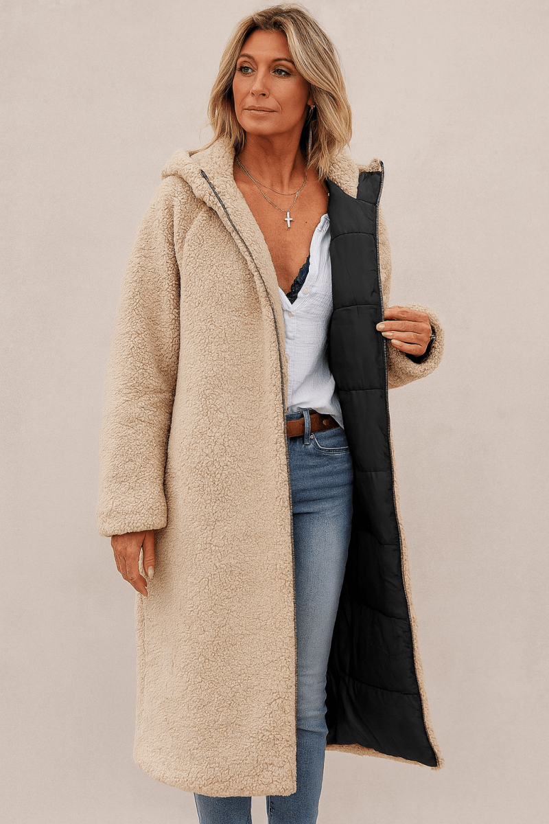 Sienna — Manteau long réversible à col contrastant — Amielle Paris