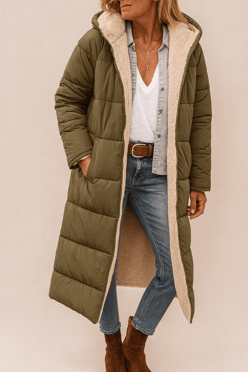 Sienna — Manteau long réversible à col contrastant — Amielle Paris