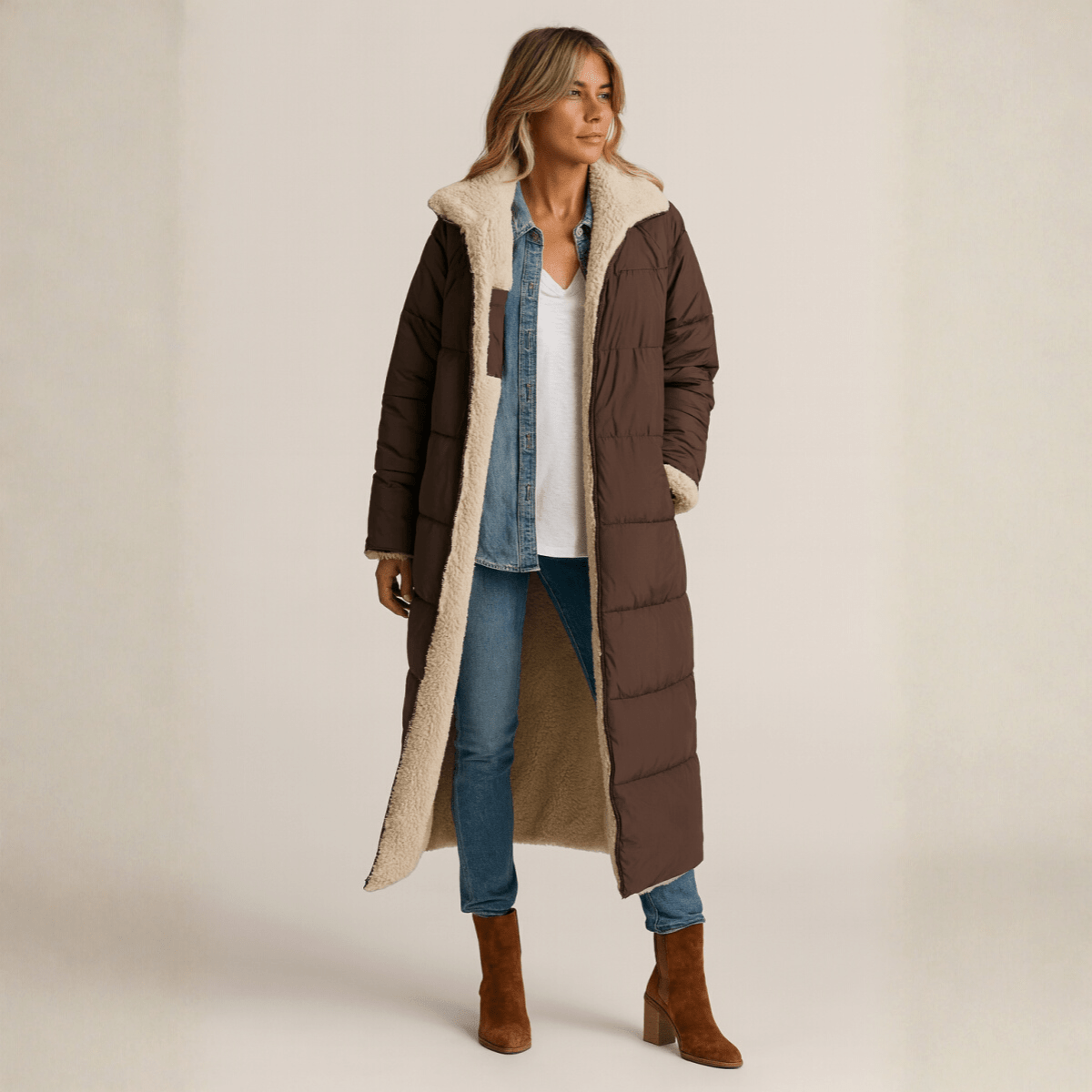 Sienna — Manteau long réversible à col contrastant — Amielle Paris