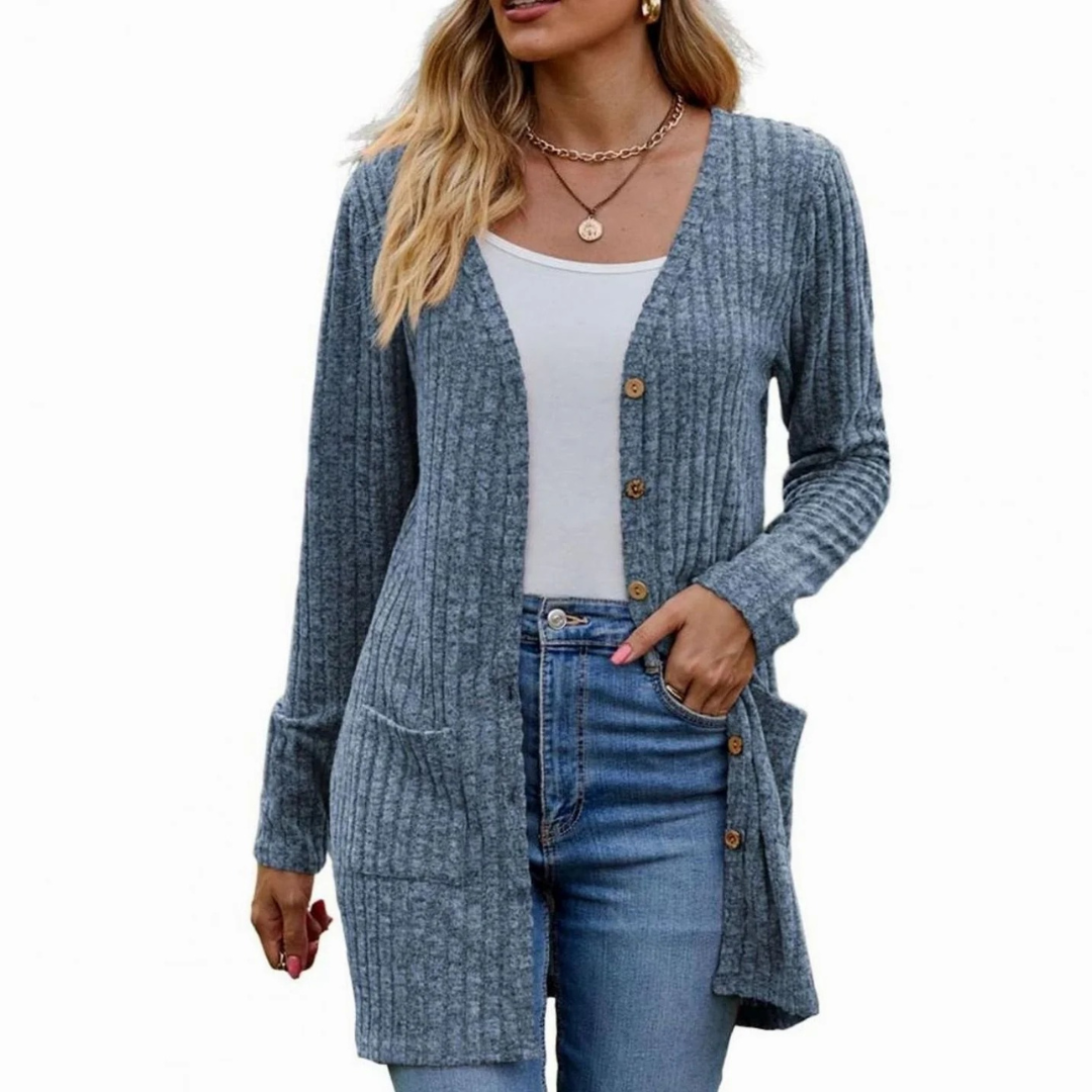 Stella — Cardigan long côtelé boutonné — Amielle Paris