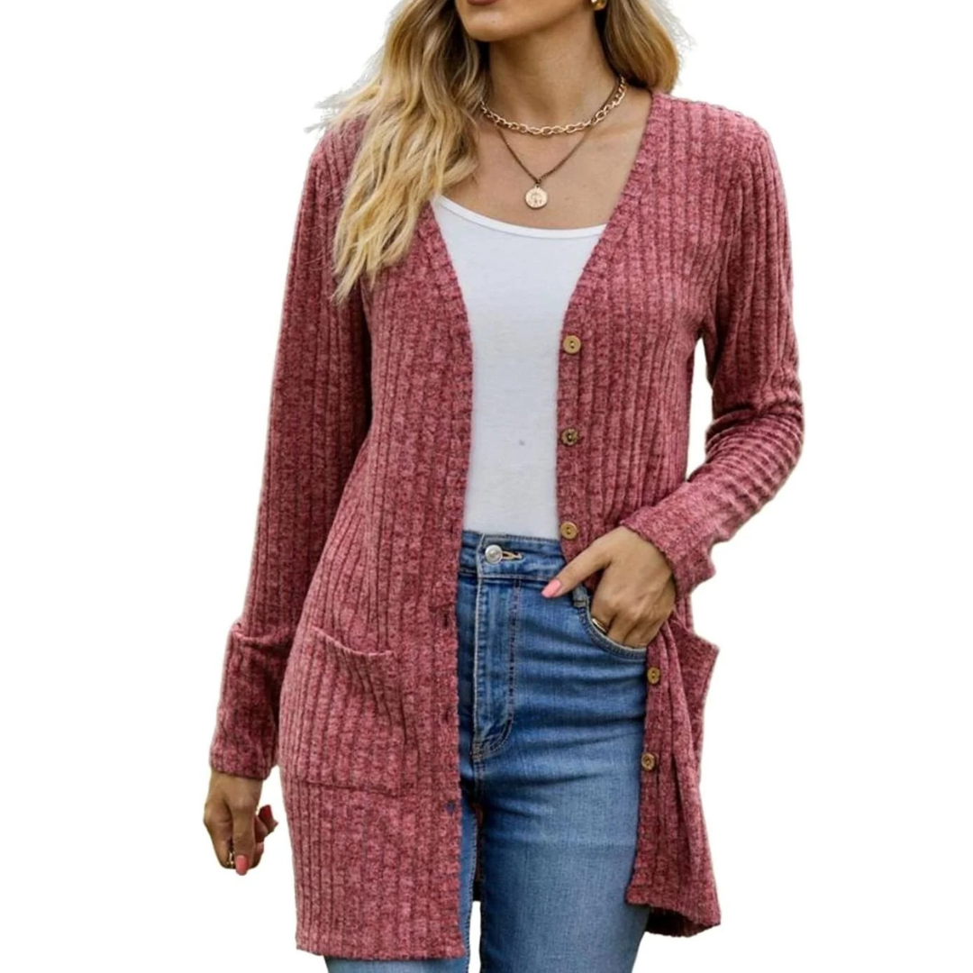 Stella — Cardigan long côtelé boutonné — Amielle Paris