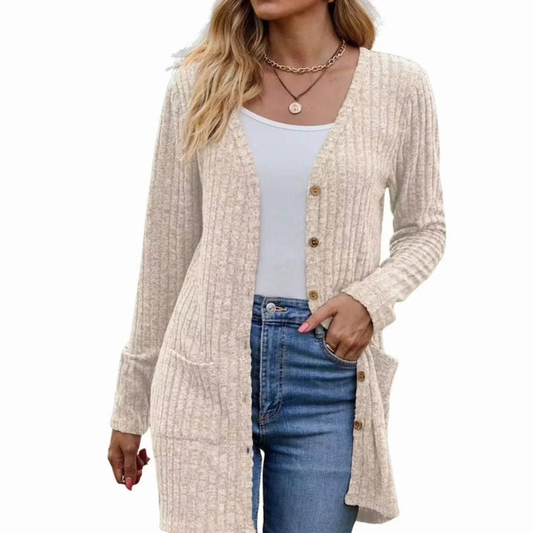 Stella — Cardigan long côtelé boutonné — Amielle Paris