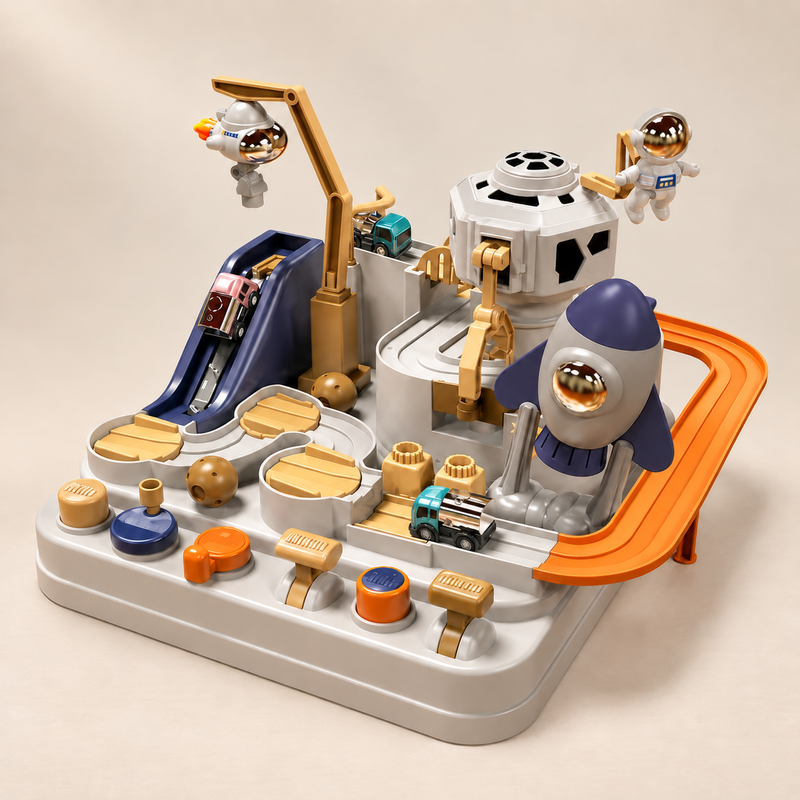 Circuit spatial mécanique avec 3 voitures — vue 1