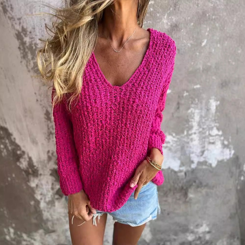 Luna — Pull ample texturé à col en V — Amielle Paris