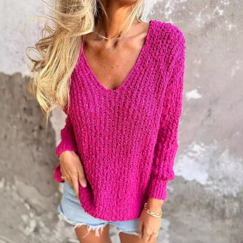Luna — Pull ample texturé à col en V — Amielle Paris