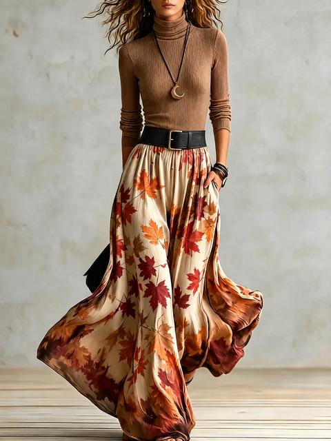 Ensemble en maille et jupe à motif feuilles