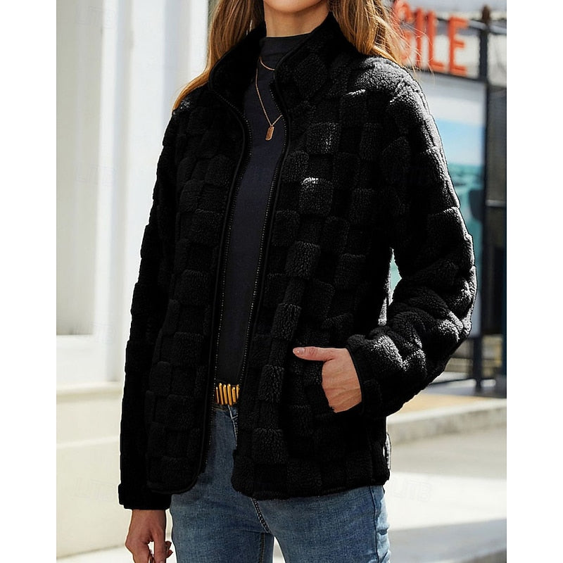 Manteau zippé effet peluche à carreaux — Amielle Paris