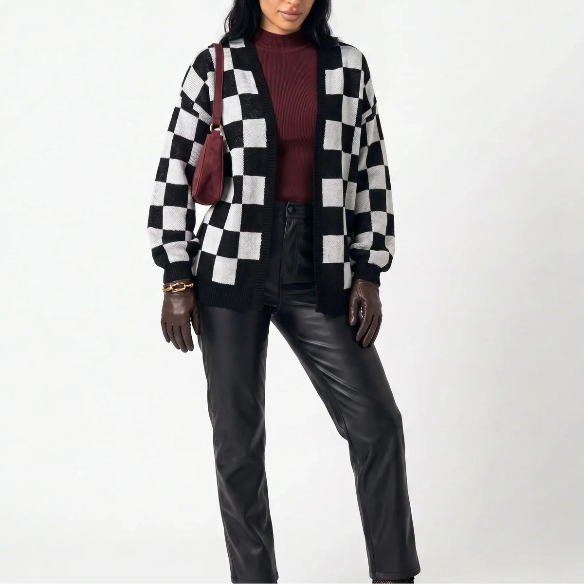 Cardigan ample en maille à damier — Amielle Paris