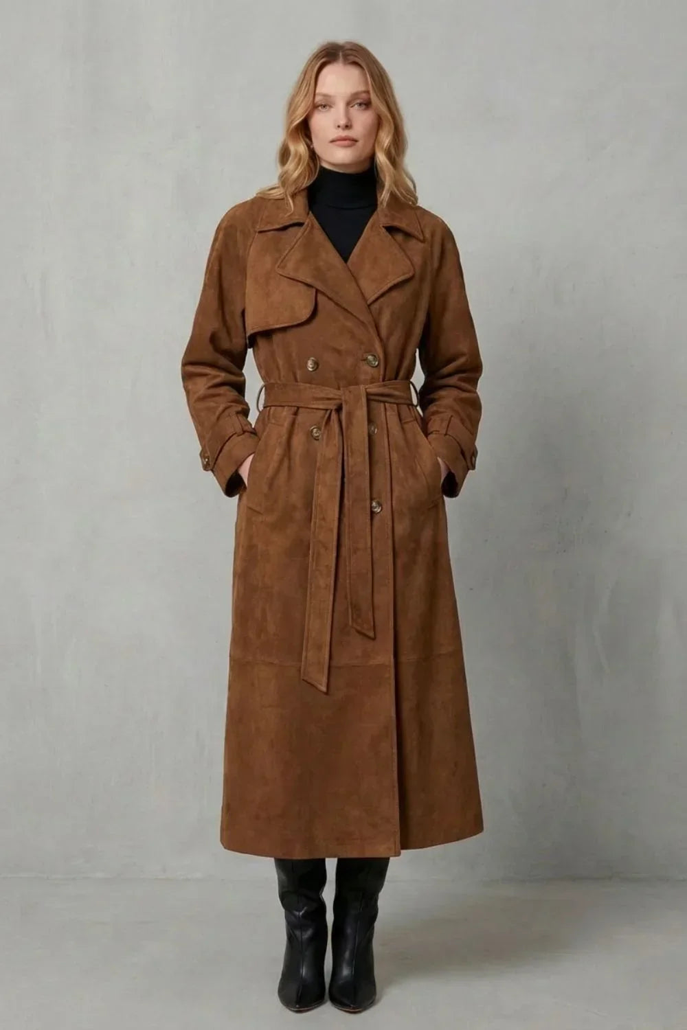 Trench croisé aspect daim à ceinture — Amielle Paris