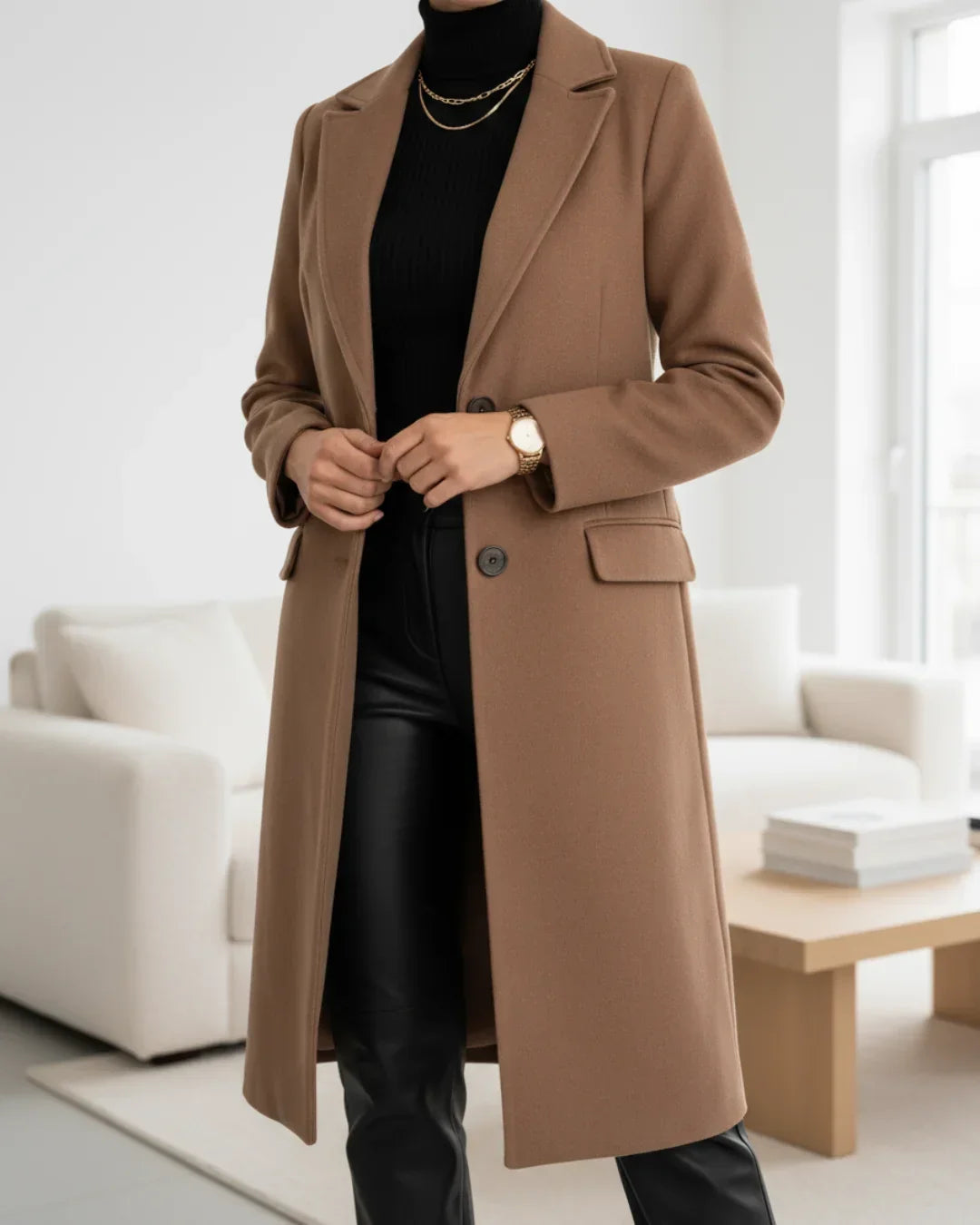 Manteau long cintré à revers crantés — Amielle Paris