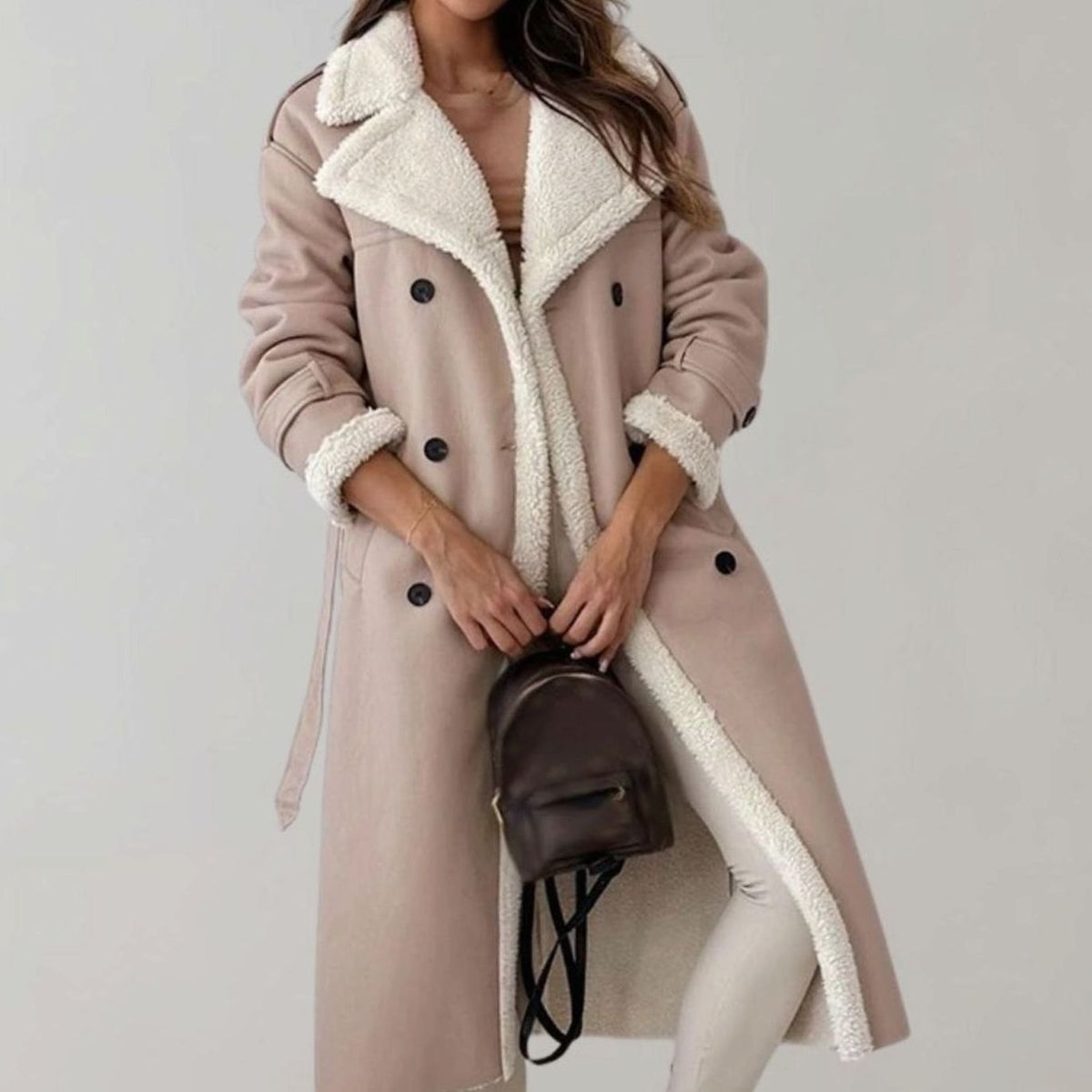 Manteau long aspect cuir doublé effet mouton — Amielle Paris