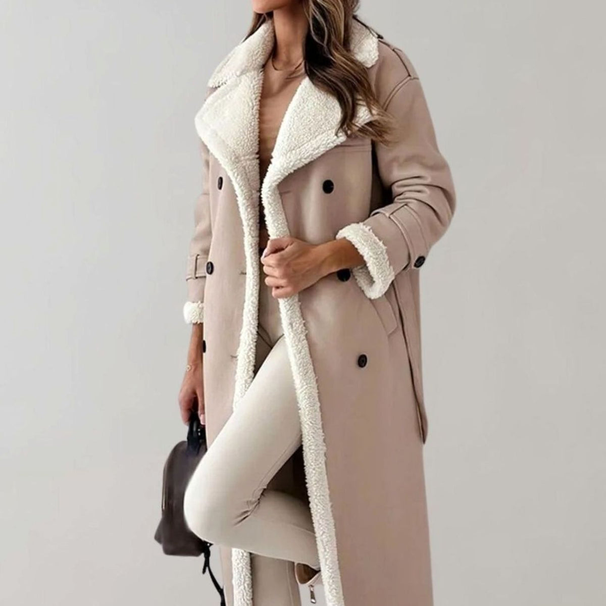 Manteau long aspect cuir doublé effet mouton — Amielle Paris