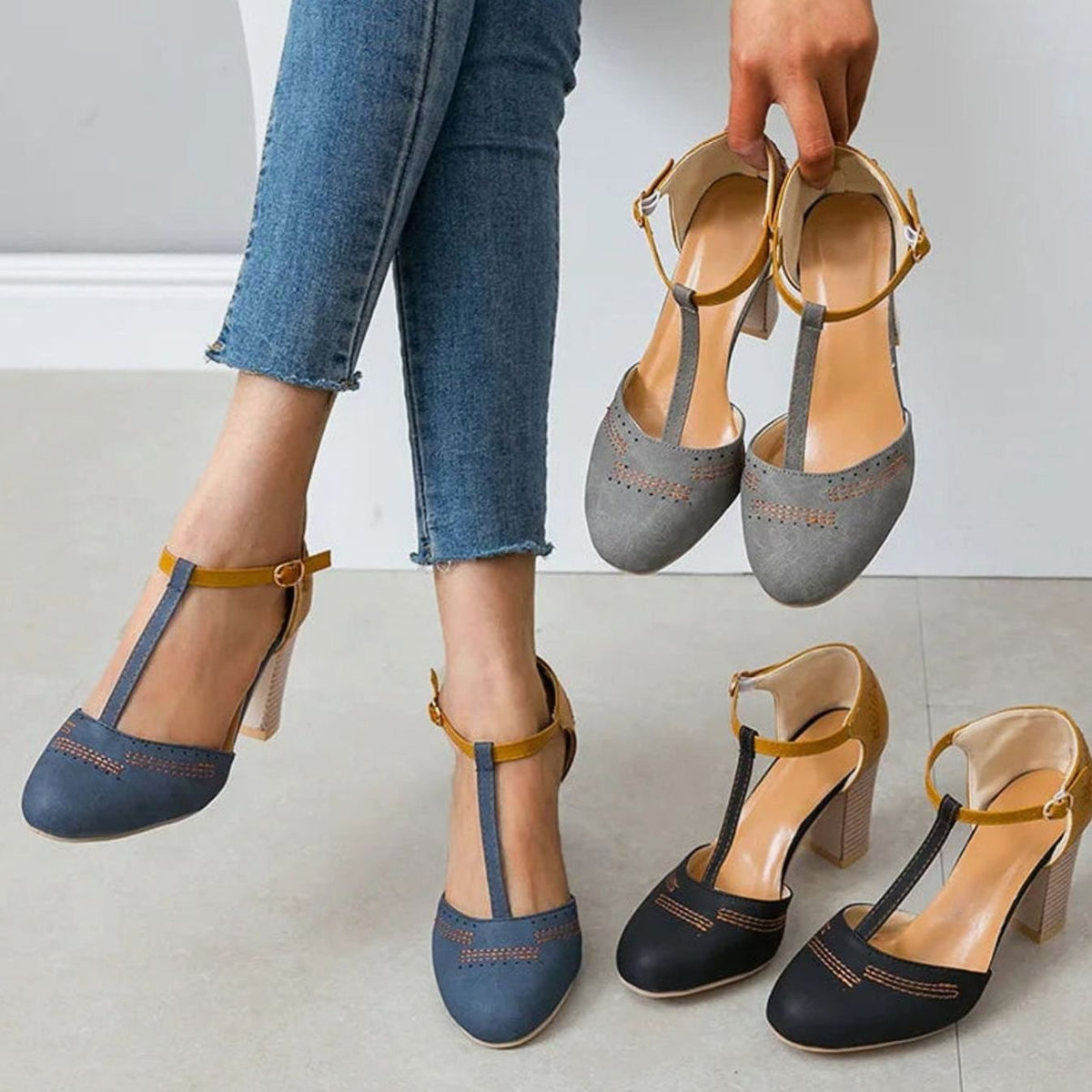 Chaussures à bride en T et talon bloc — Amielle Paris