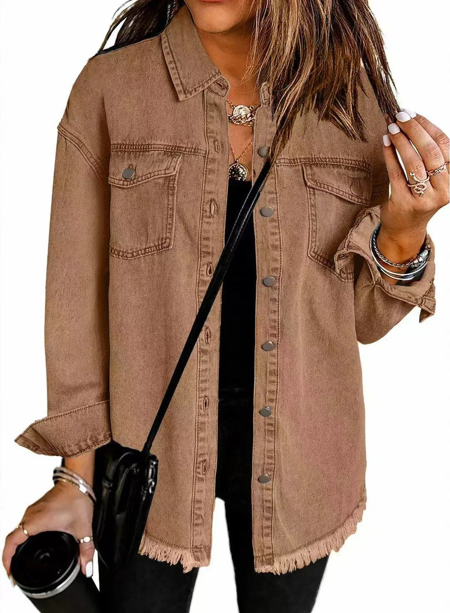 Veste longue en jean à bords effilochés — Amielle Paris