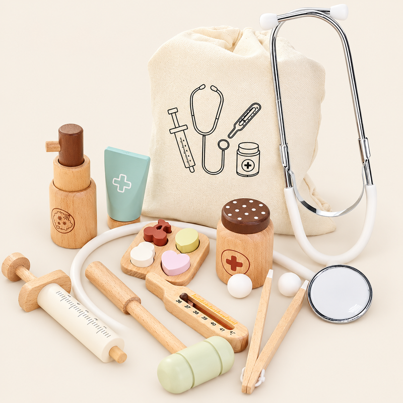 Mallette de docteur en bois avec sac en tissu — vue 1