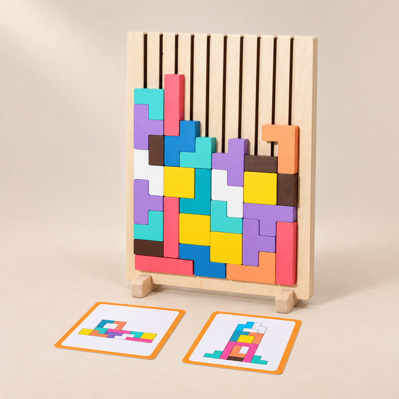 Puzzle géométrique vertical en bois avec modèles — vue 1