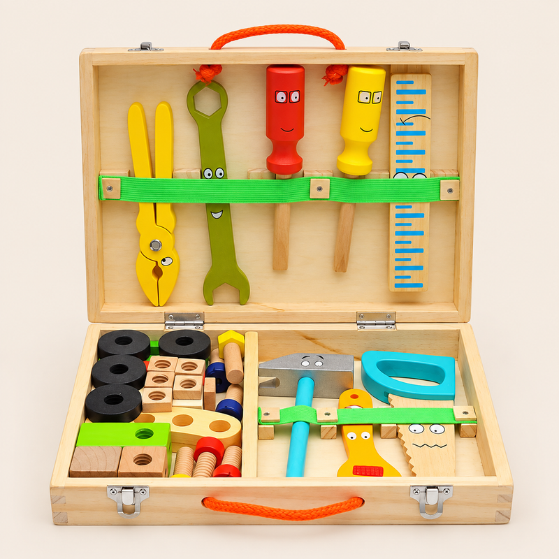Boîte à outils en bois et jeu de construction — vue 1