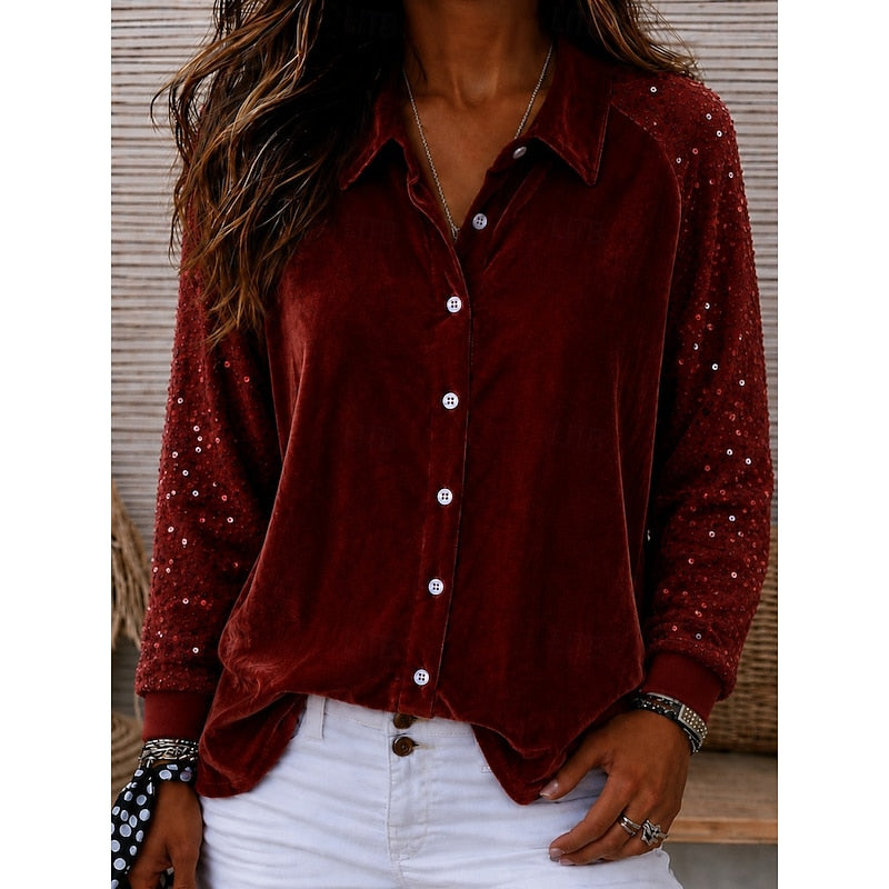 Inès | Chemise en velours à manches à sequins — Amielle Paris