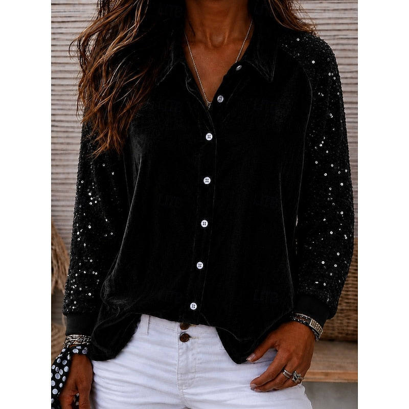 Inès | Chemise en velours à manches à sequins — Amielle Paris