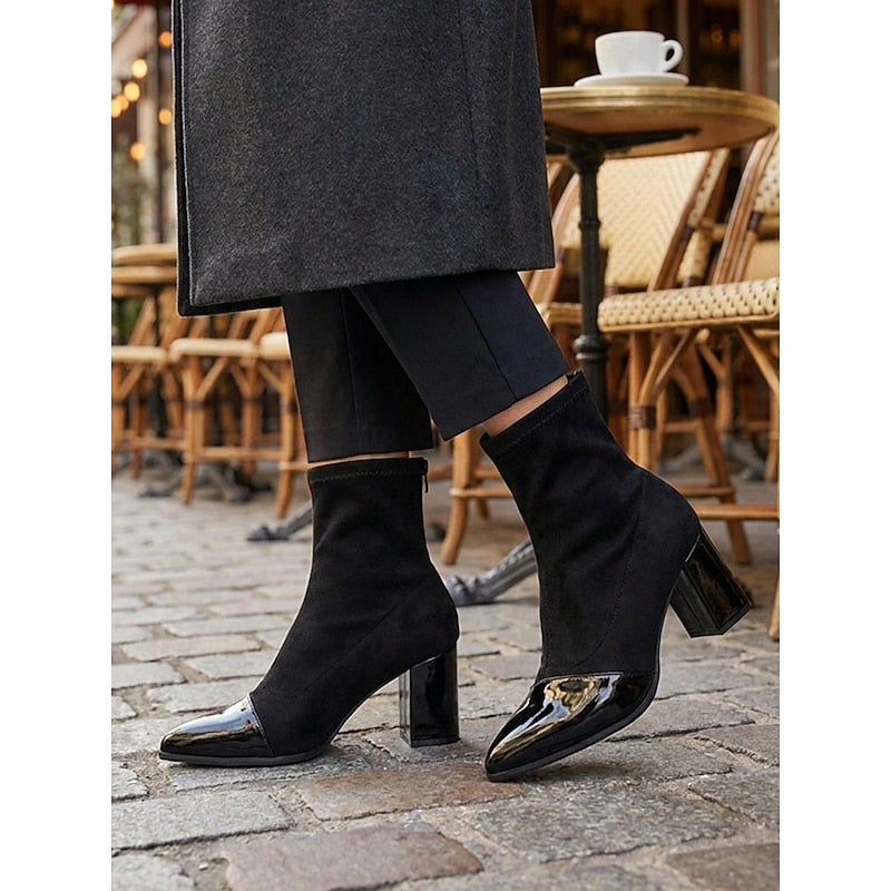 Bottines aspect daim à bout verni et talon bloc — Amielle Paris